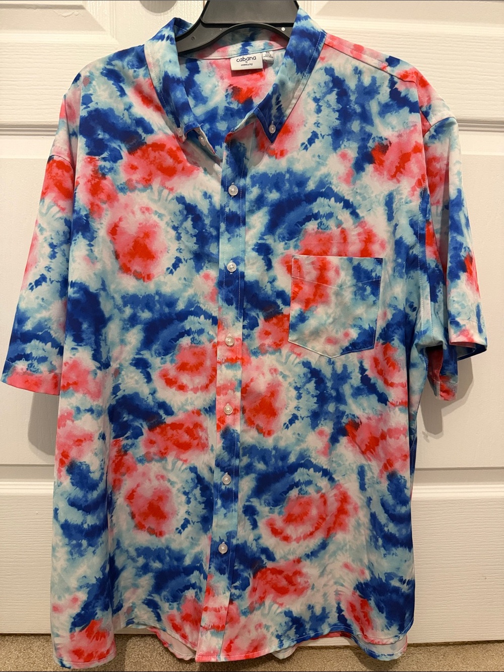 Cabana Life Men's Blue and Red Tie-Dye Short Sleeve Button-Down Shirt Size XXL